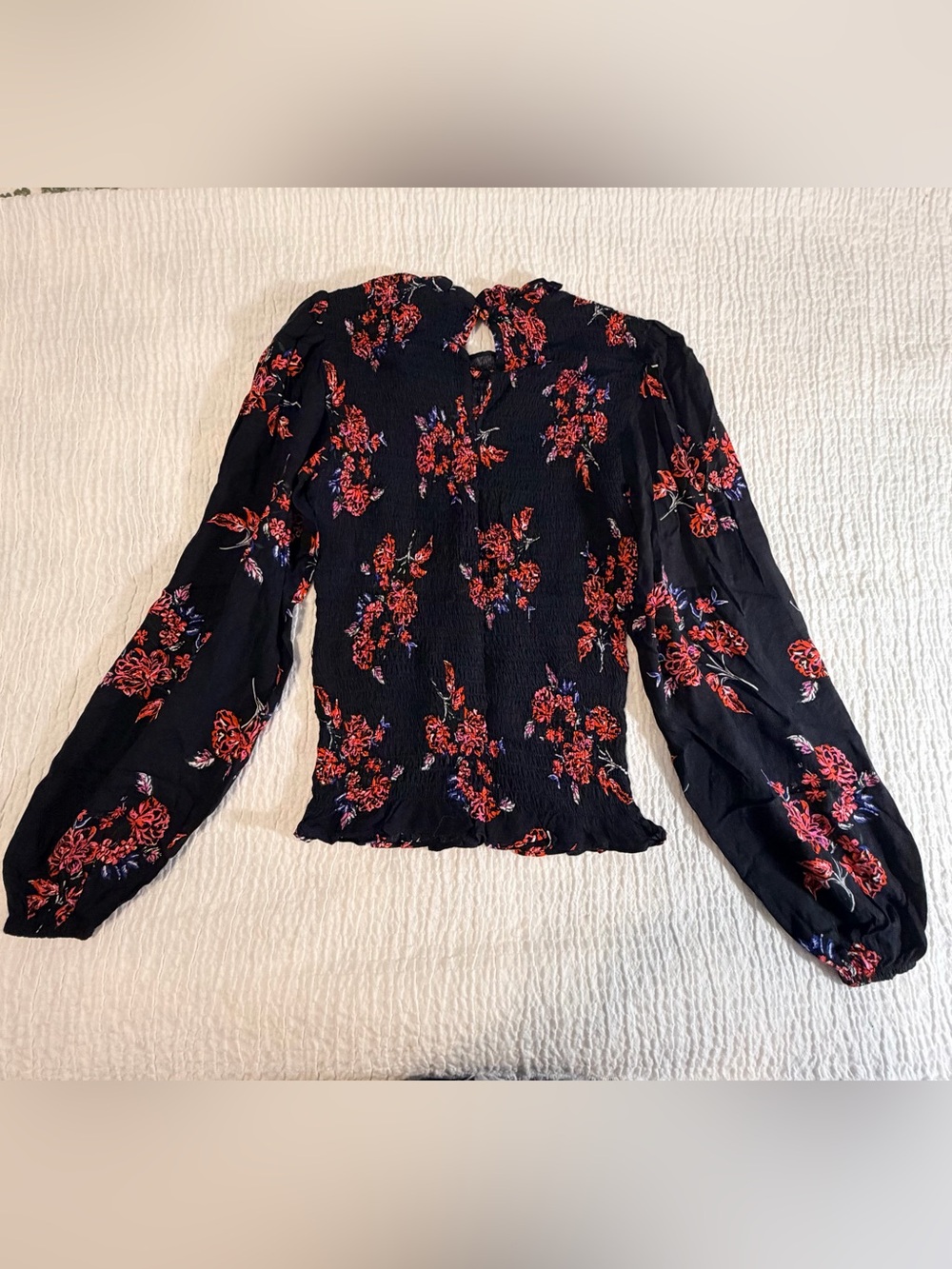 Jessica Simpson Black Floral Smocked Long-Sleeve Blouse - Picture 3 of 8